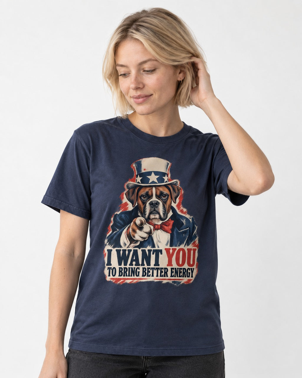 I Want You to Bring Better Energy Boxer Recruitment Poster Graphic T-Shirt in Navy, worn by a model