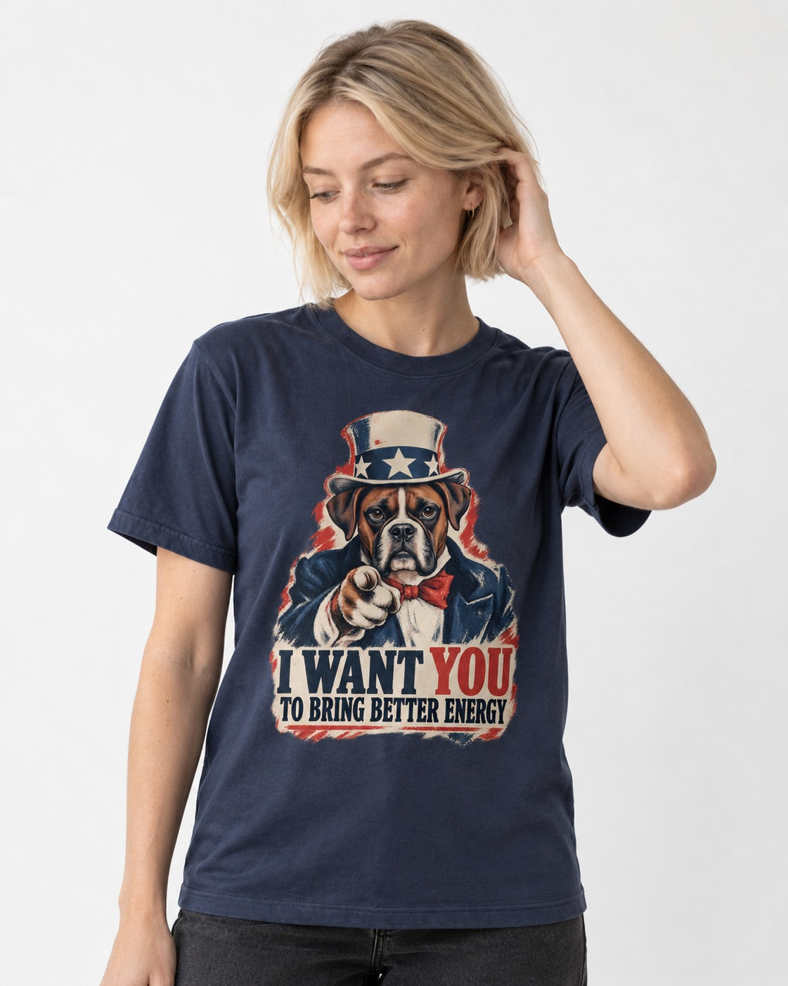 I Want You to Bring Better Energy Boxer Recruitment Poster Graphic T-Shirt in Navy, worn by a model