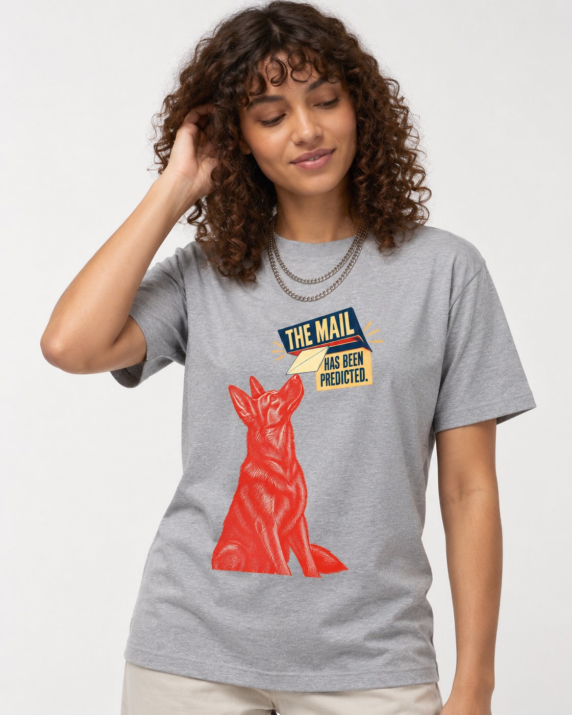 German Shepherd Dog Mail Predicted Graphic T-Shirt in Sport Grey, worn by a model