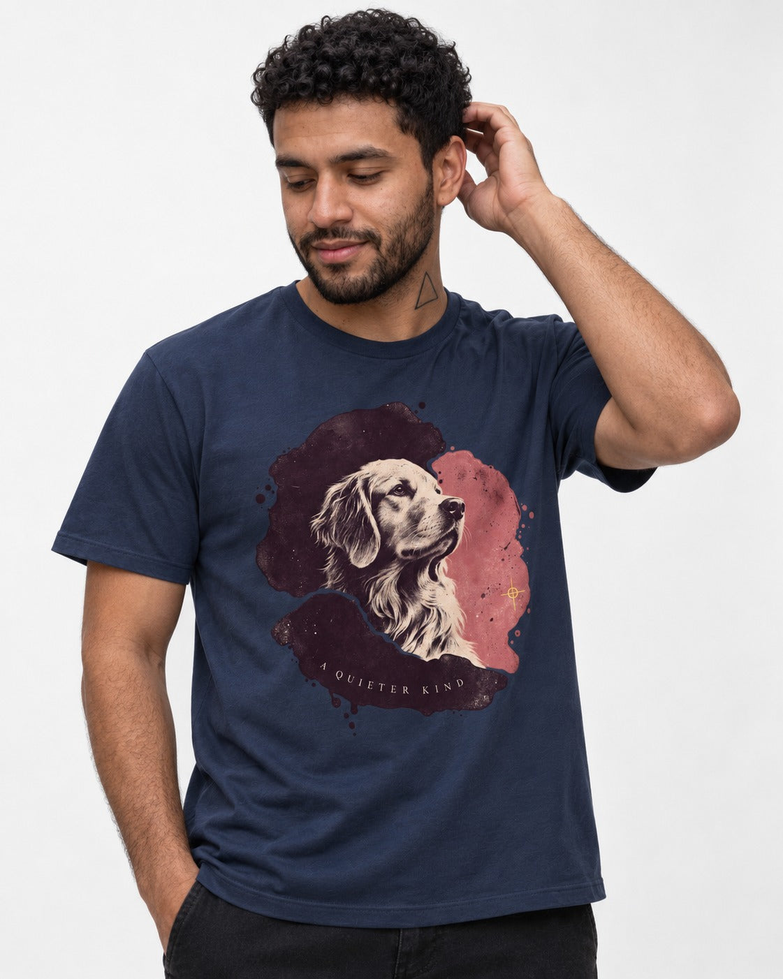 Golden Retriever A Quieter Kind Ink Wash Portrait Graphic T-Shirt in Navy, worn by a model