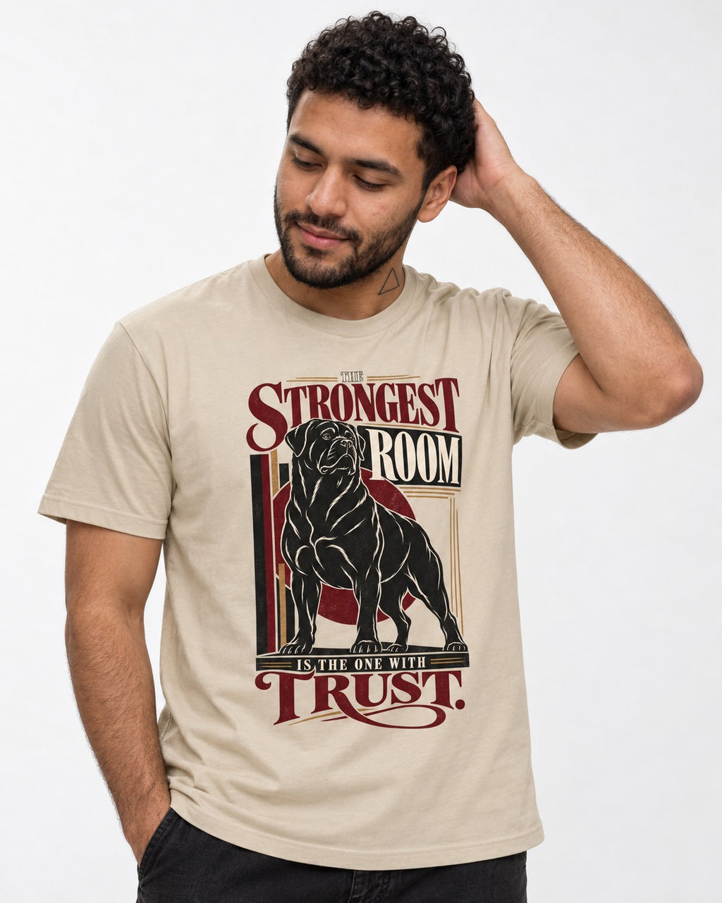 Rottweiler Trust T-Shirt in Sand, worn by a model