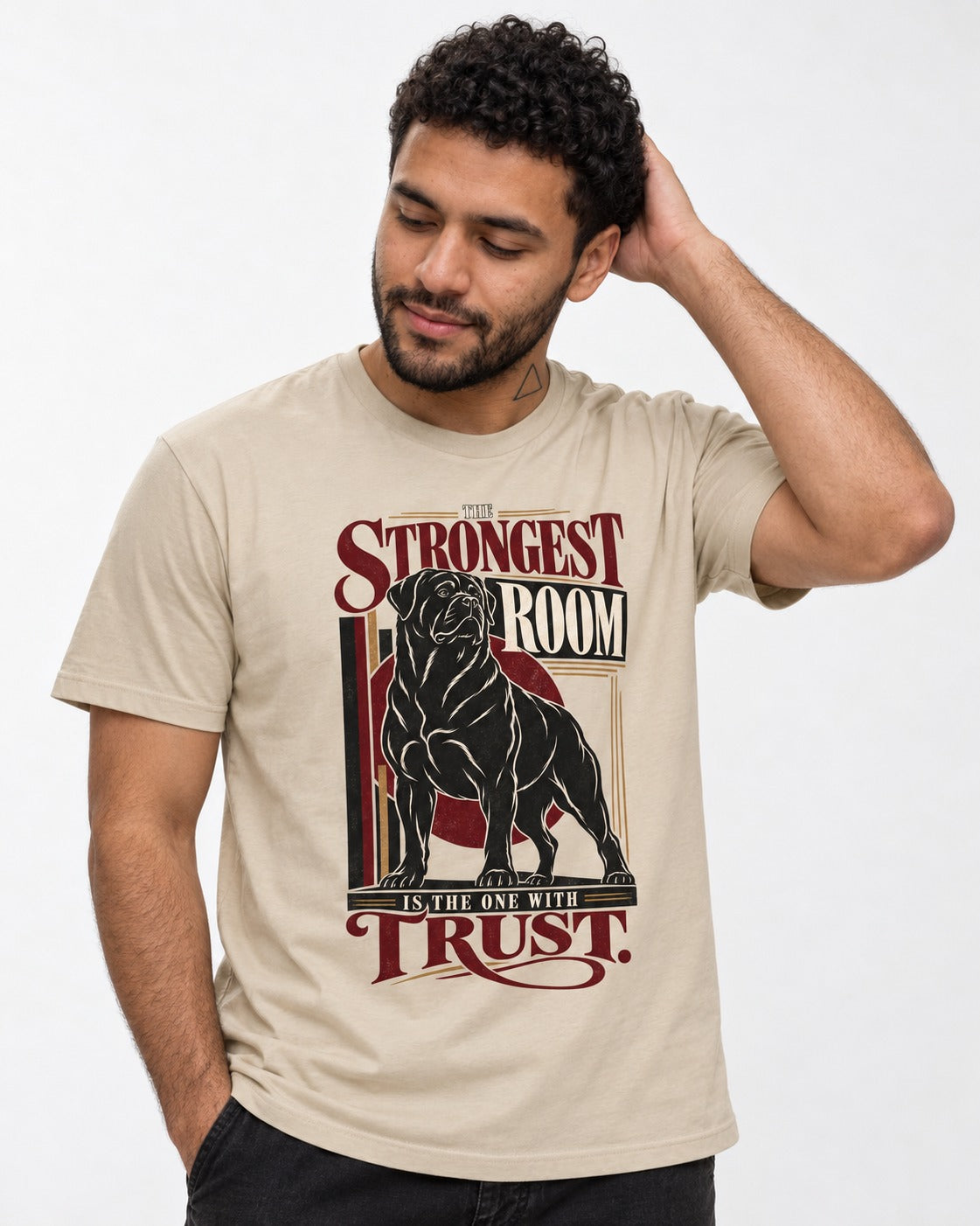Rottweiler Trust T-Shirt in Sand, worn by a model