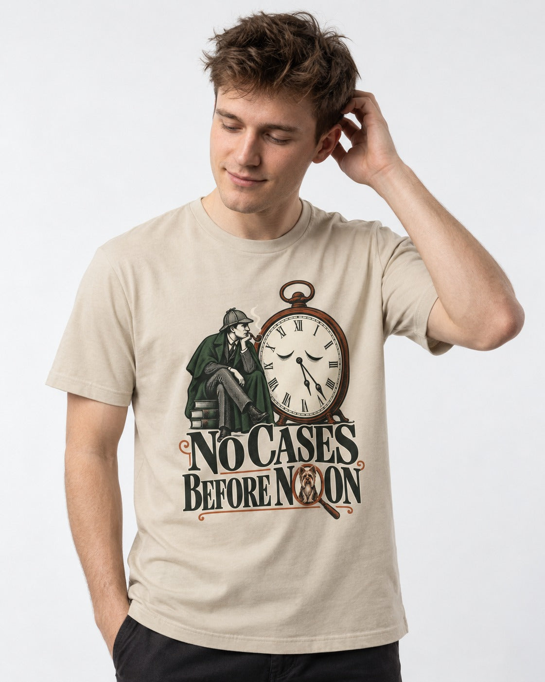 No Cases Before Noon Yorkshire Terrier T-Shirt in Sand, worn by a model