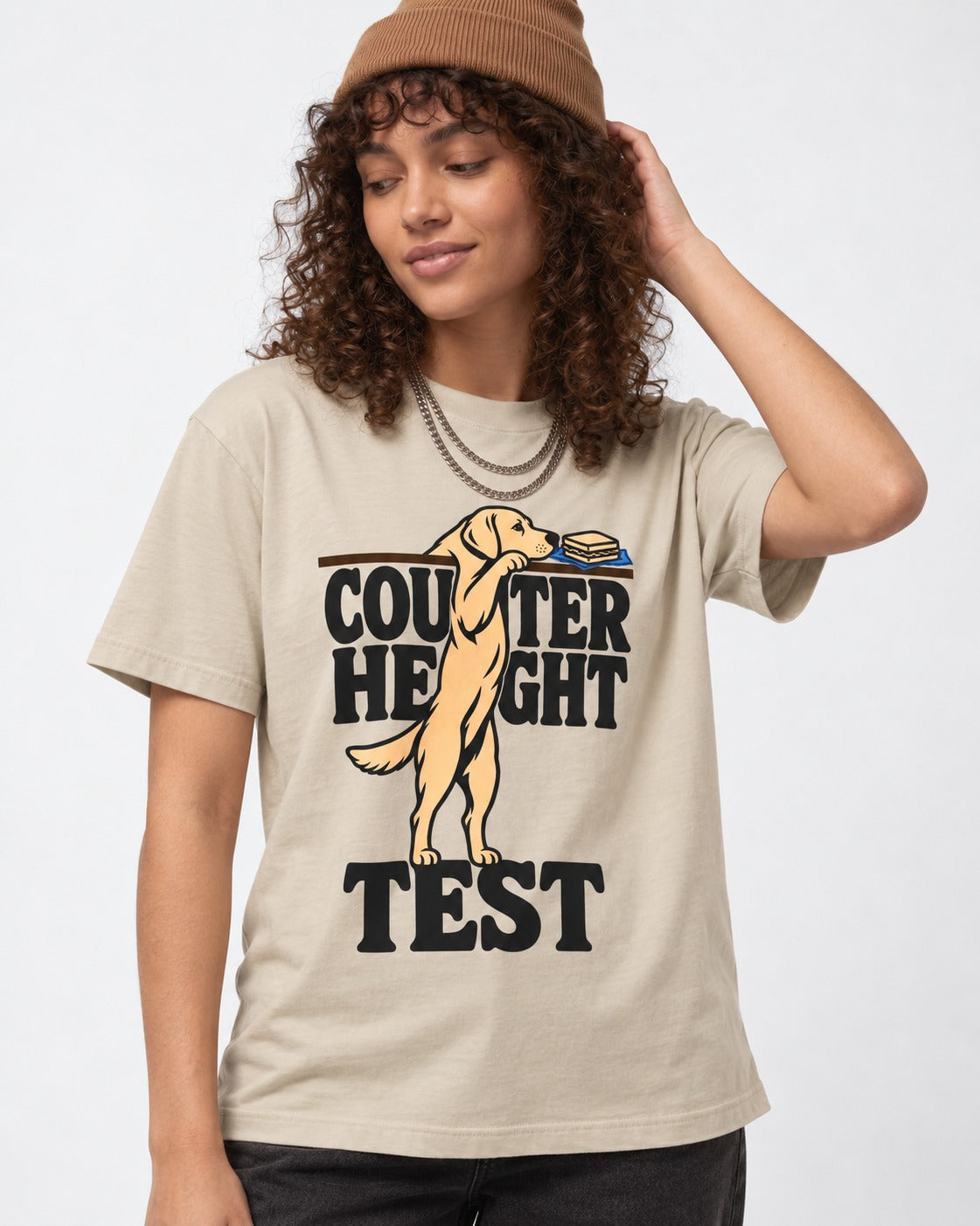 Labrador Retriever Counter Height Test T-Shirt in Sand, worn by a model