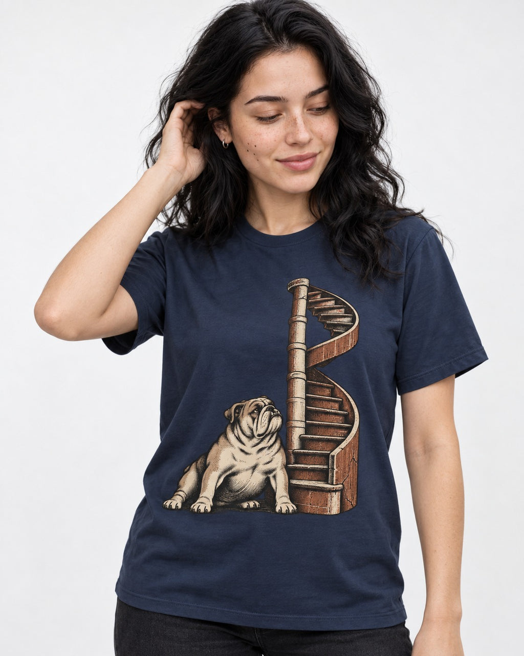 English Bulldog Spiral Staircase Graphic T-Shirt in Navy, worn by a model