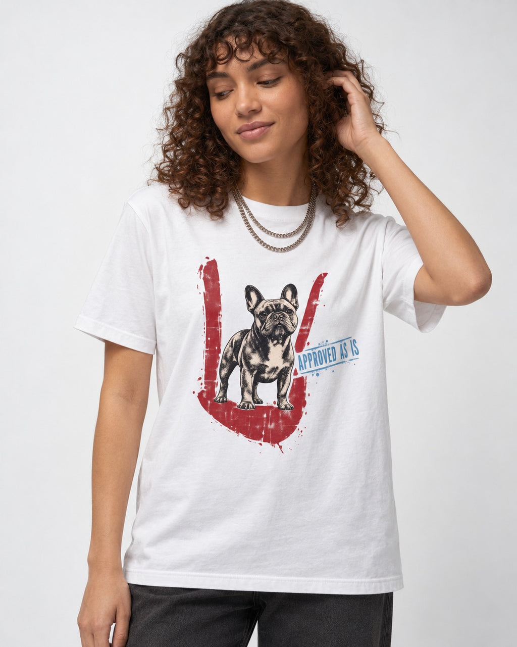 Frenchie Approved As Is Check Mark Graphic T-Shirt in White, worn by a model