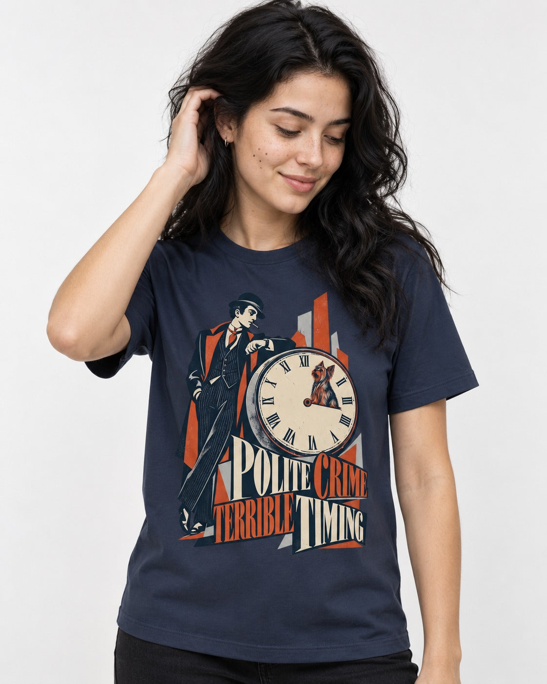 Yorkshire Terrier Polite Crime Terrible Timing Art Deco Clock Graphic T-Shirt in Navy, worn by a model