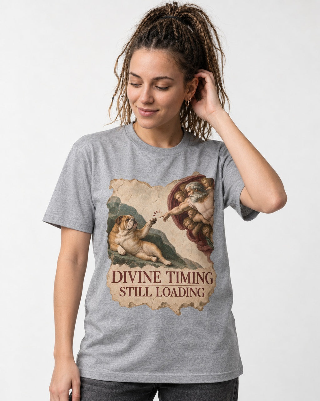 English Bulldog Divine Timing Still Loading T-Shirt in Sport Grey, worn by a model