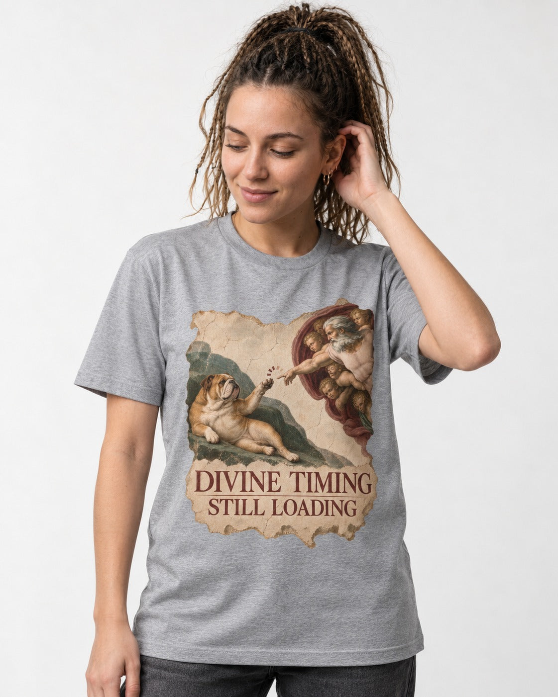 English Bulldog Divine Timing Still Loading T-Shirt in Sport Grey, worn by a model