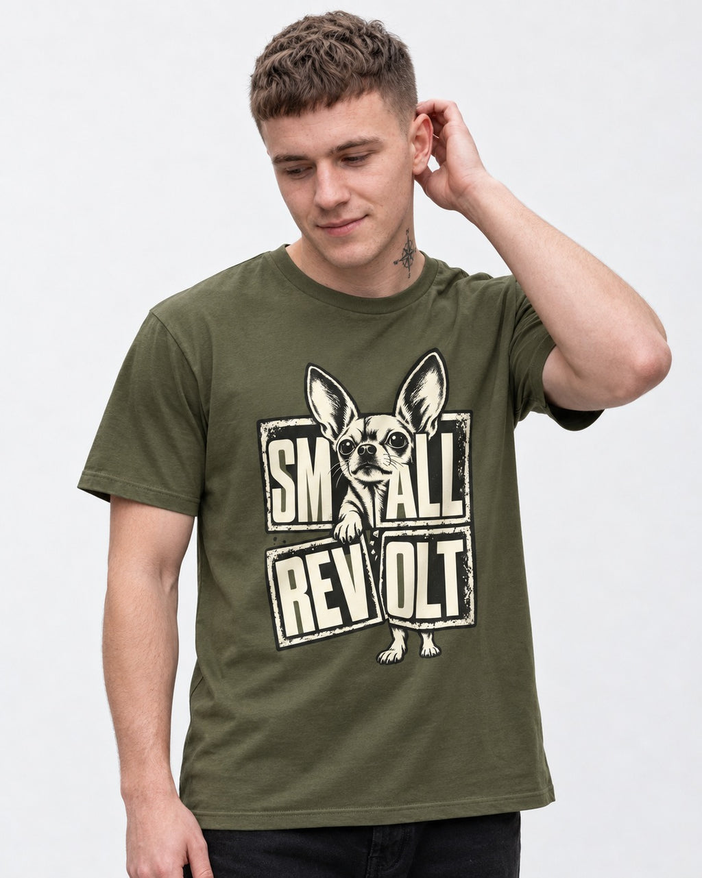 Chihuahua Small Revolt Broken Grid Graphic T-Shirt in Heather Military Green, worn by a model