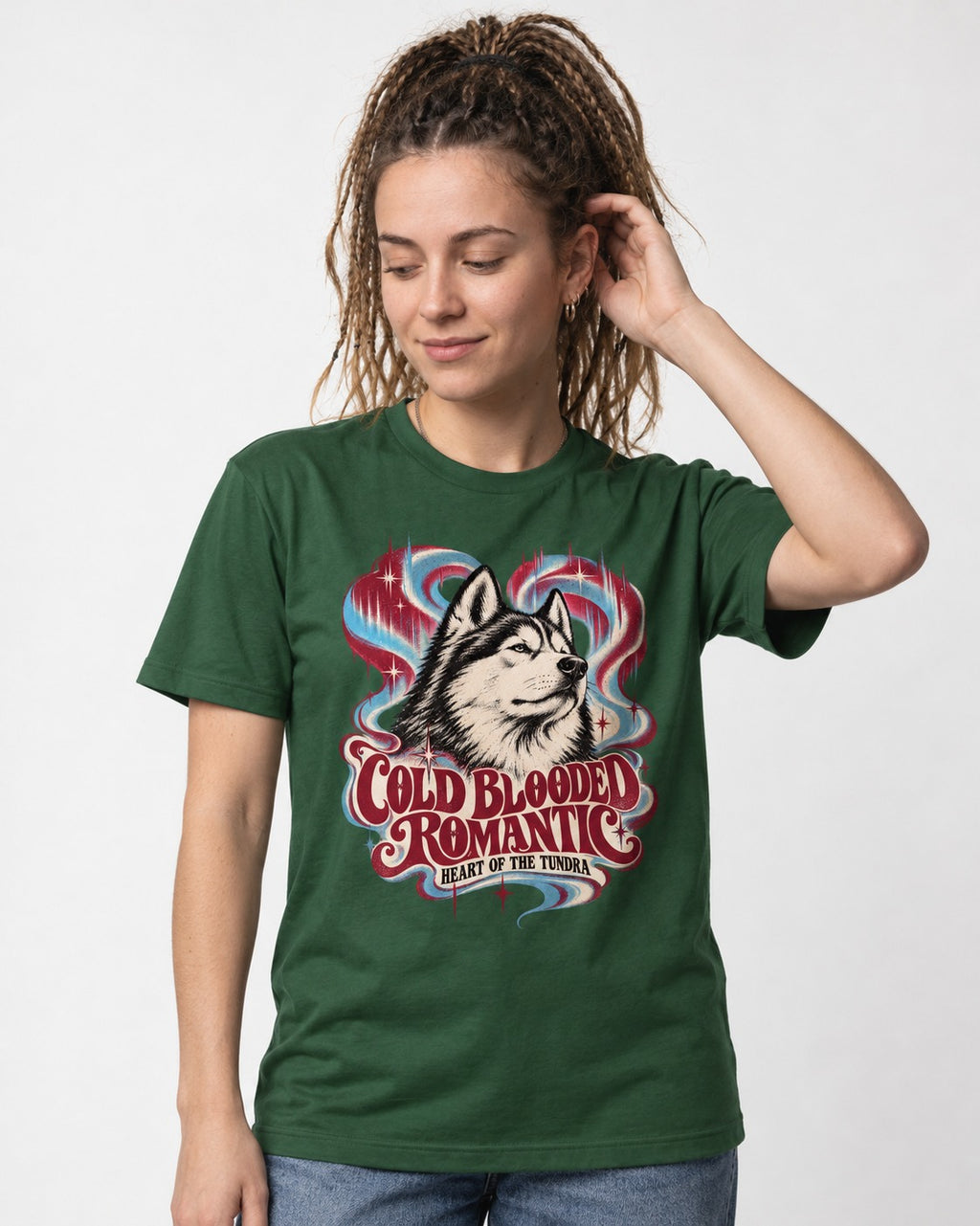 Husky Cold Blooded Romantic Heart of the Tundra Graphic T-Shirt in Forest Green, worn by a model
