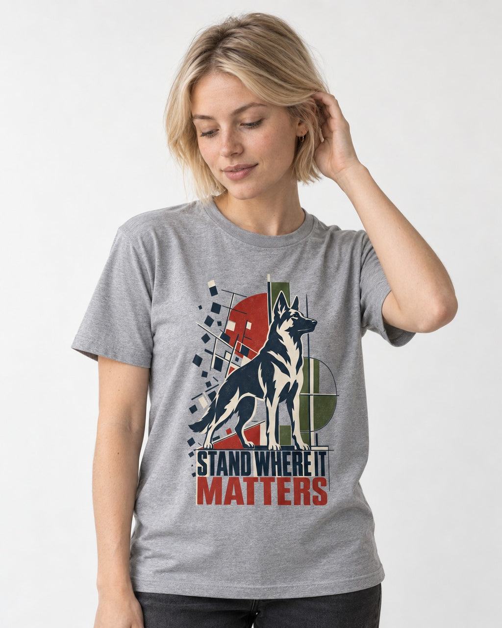 Stand Where It Matters German Shepherd Dog T-Shirt in Sport Grey, worn by a model