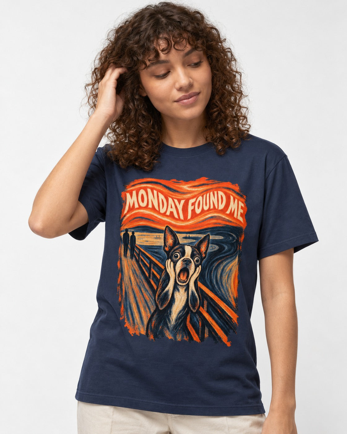 Monday Found Me Boston Terrier Scream Graphic T-Shirt in Navy, worn by a model