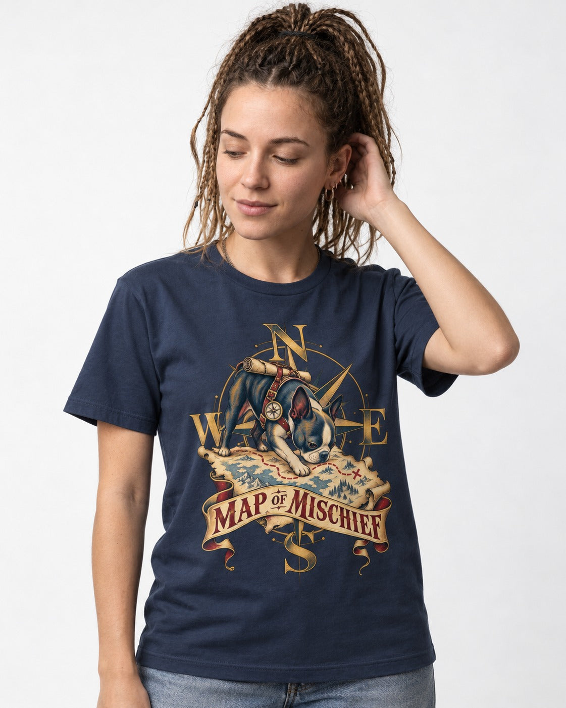 Map of Mischief Boston Terrier T-Shirt in Navy, worn by a model