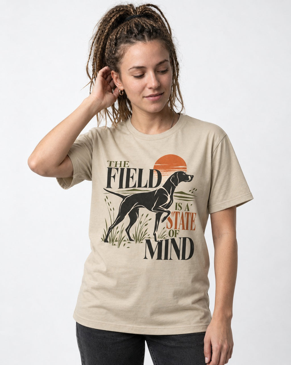 German Shorthaired Pointer Field State of Mind T-Shirt in Sand, worn by a model