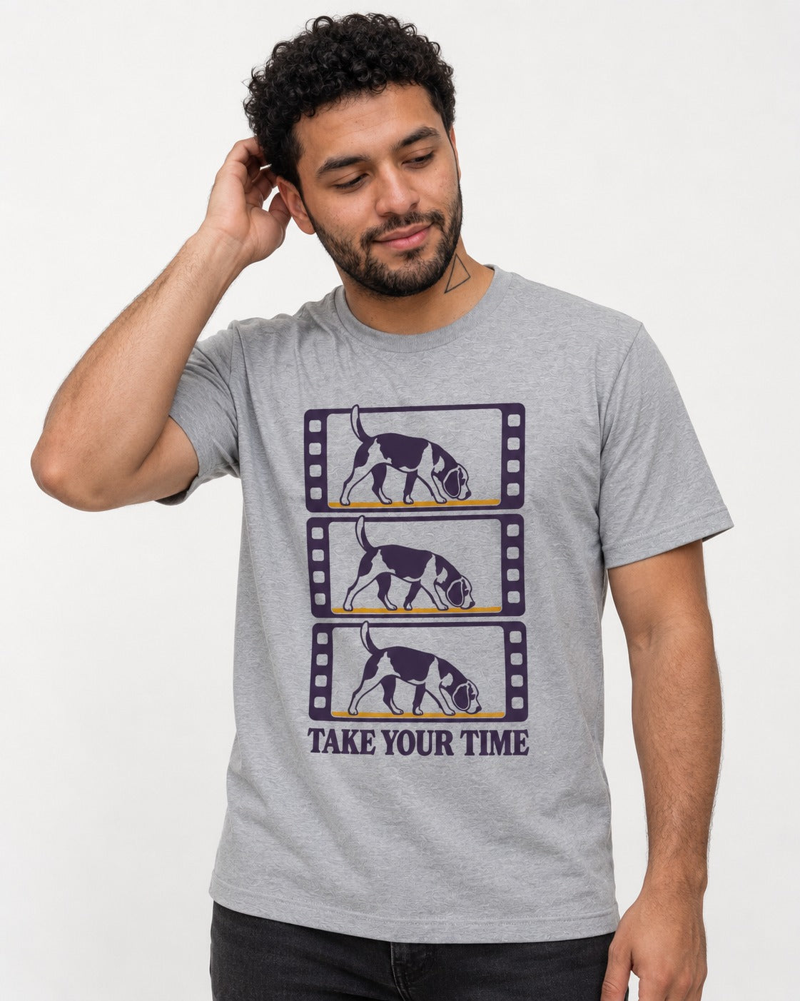 Beagle Take Your Time T-Shirt in Sport Grey, worn by a model