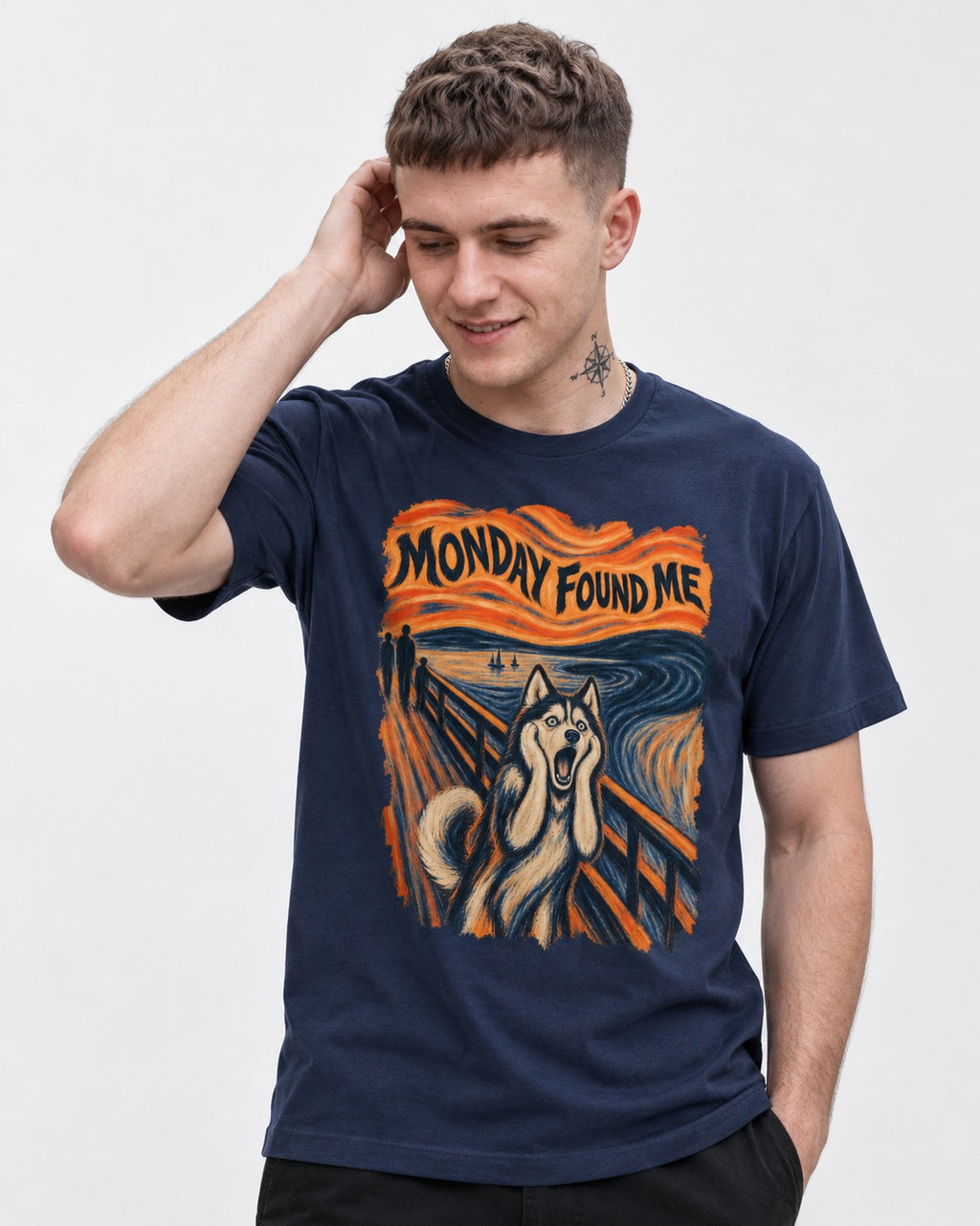 Husky Monday Found Me Scream Parody Graphic T-Shirt in Navy, worn by a model