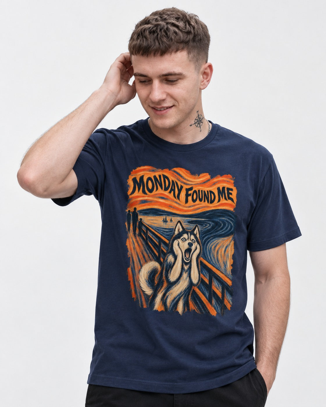 Husky Monday Found Me Scream Parody Graphic T-Shirt in Navy, worn by a model