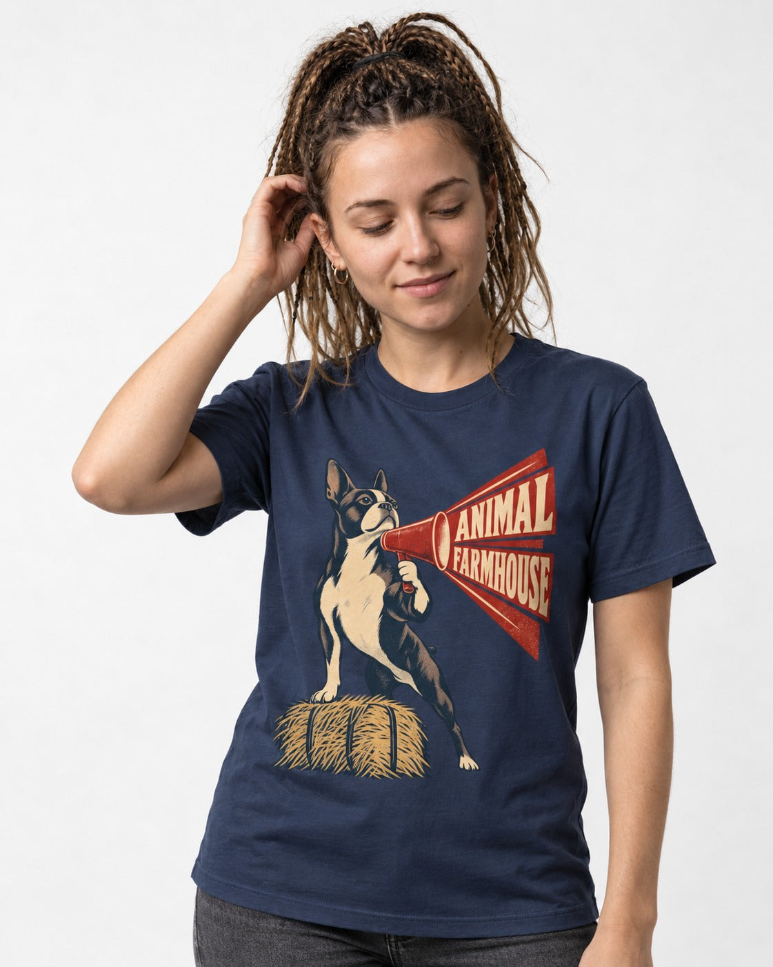 Animal Farmhouse Boston Terrier T-Shirt in Navy, worn by a model