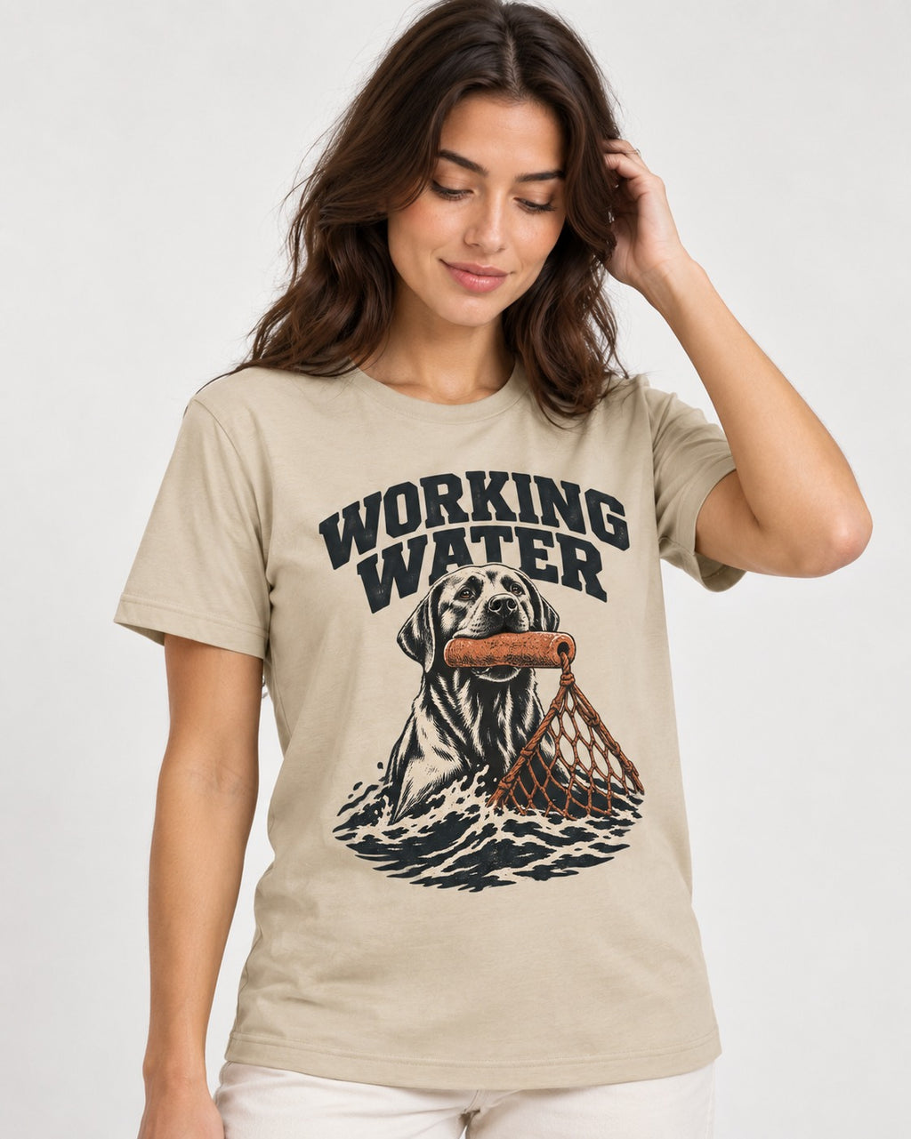 Working Water Labrador Retriever T-Shirt in Sand, worn by a model