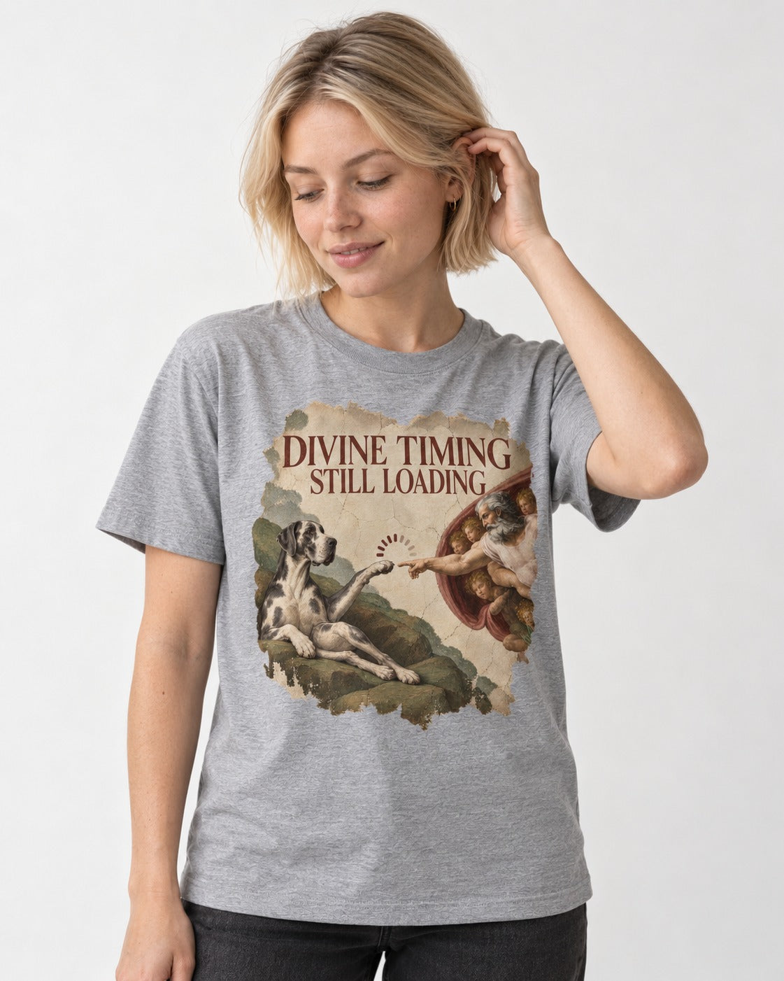 Great Dane Divine Timing Still Loading T-Shirt in Sport Grey, worn by a model