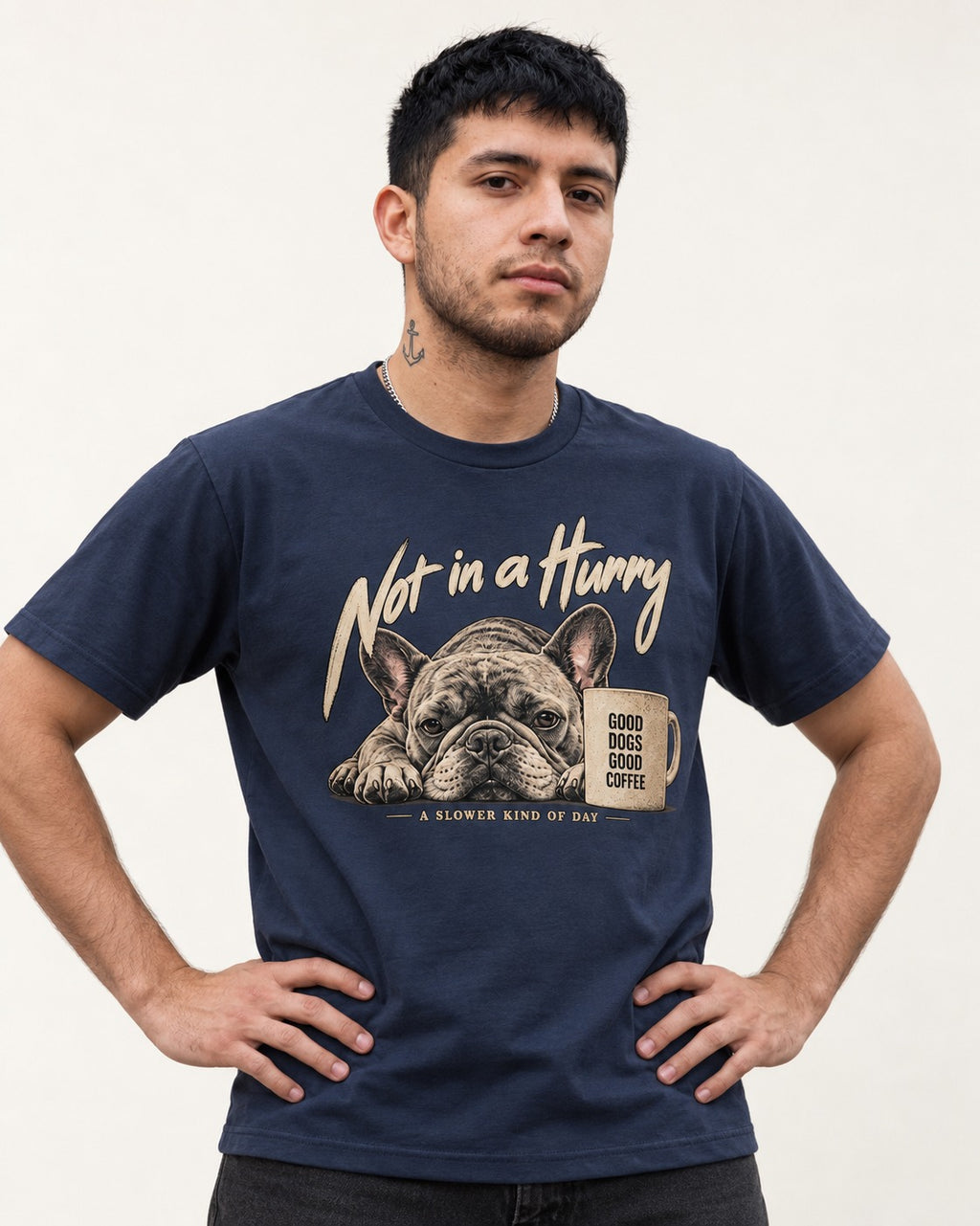 Frenchie Not in a Hurry Coffee Graphic T-Shirt in Navy, worn by a model