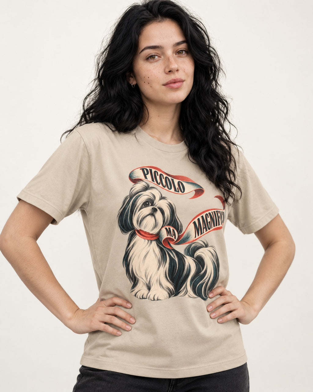 Piccolo Ma Magnifico Shih Tzu T-Shirt in Sand, worn by a model