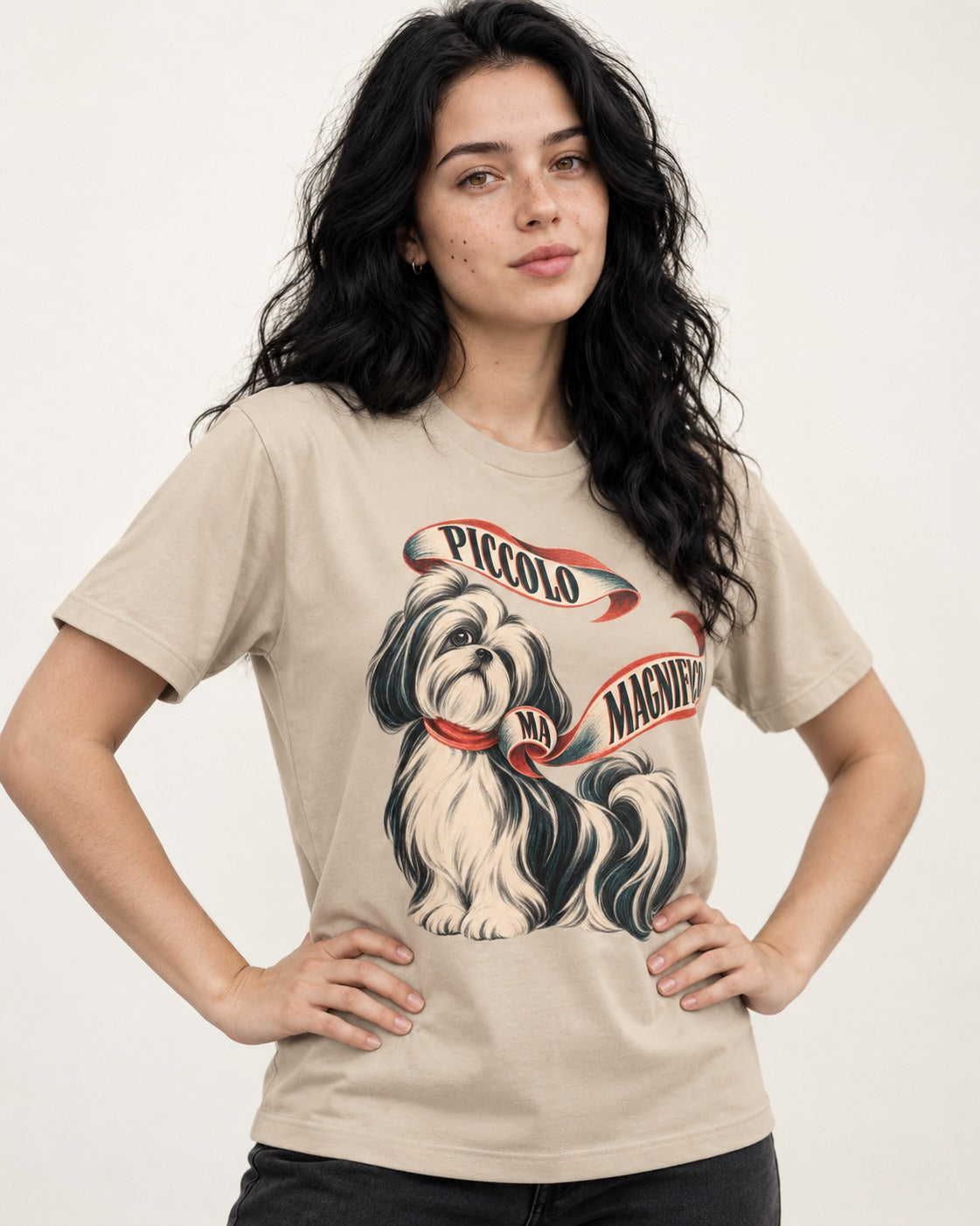 Piccolo Ma Magnifico Shih Tzu T-Shirt in Sand, worn by a model