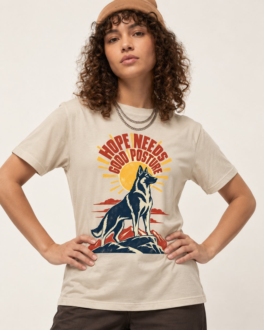 Hope Needs Good Posture German Shepherd Dog T-Shirt in Sand, worn by a model