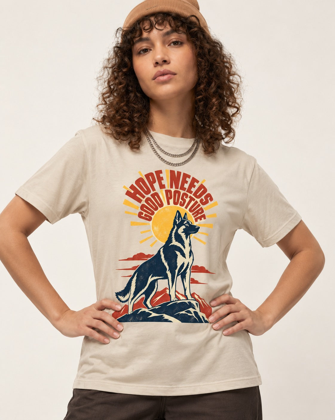 Hope Needs Good Posture German Shepherd Dog T-Shirt in Sand, worn by a model