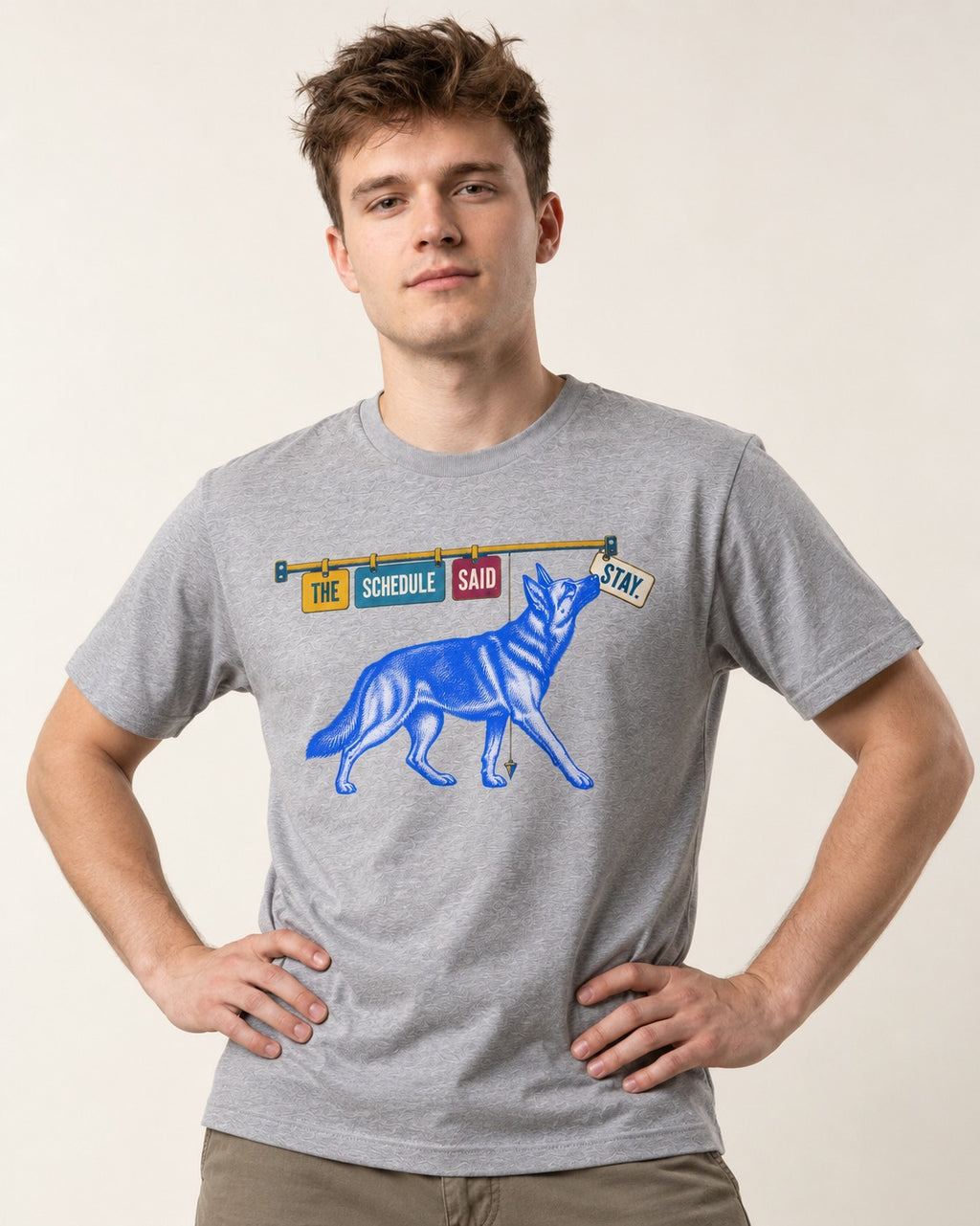 German Shepherd Dog The Schedule Said Stay Graphic T-Shirt in Sport Grey, worn by a model