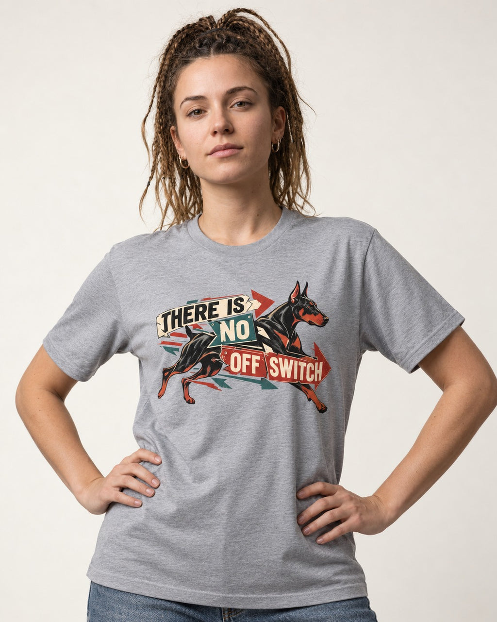 Doberman There Is No Off Switch Arrow Sprint Graphic T-Shirt in Sport Grey, worn by a model