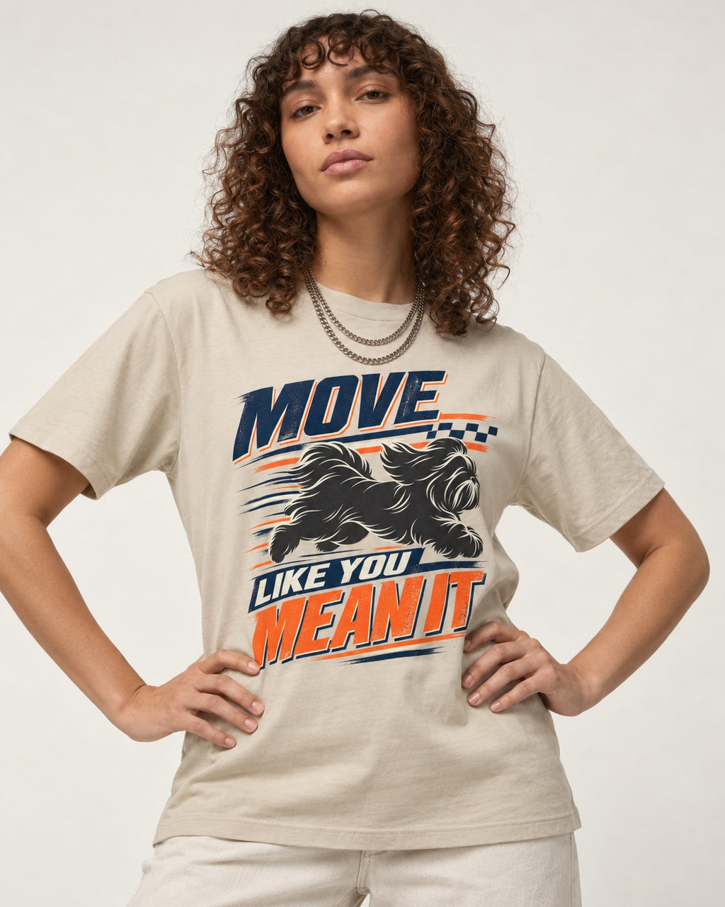 Move and Mean It Shih Tzu T-Shirt in Sand, worn by a model