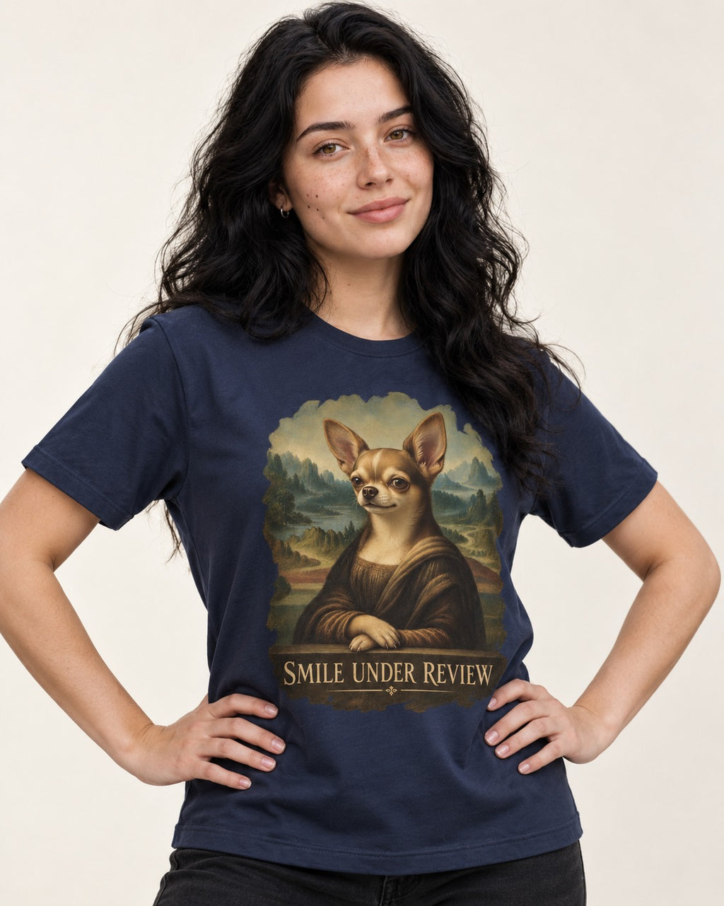 Chihuahua Smile Under Review Mona Lisa Portrait T-Shirt in Navy, worn by a model