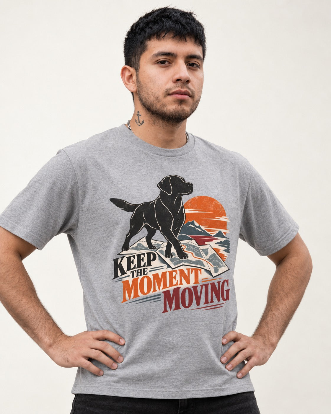 Keep the Moment Moving Labrador Retriever T-Shirt in Sport Grey, worn by a model