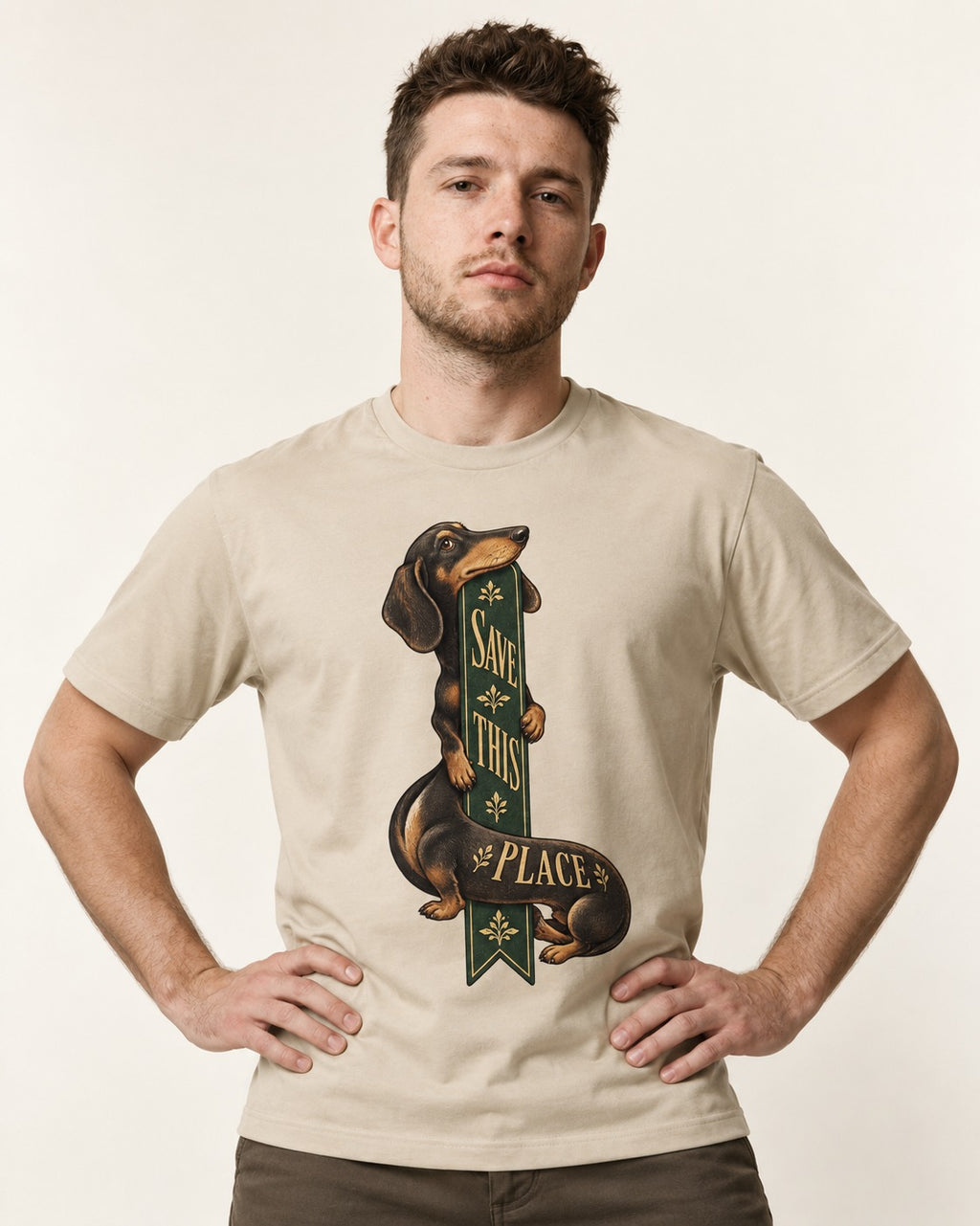 Save This Place Dachshund T-Shirt in Sand, worn by a model