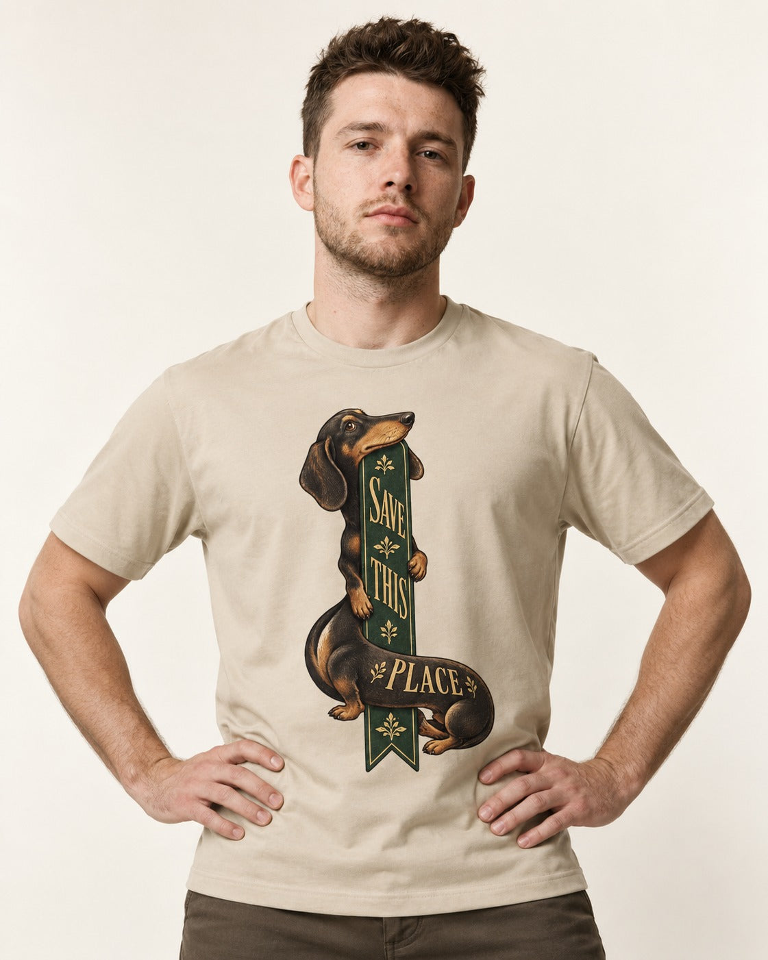 Save This Place Dachshund T-Shirt in Sand, worn by a model