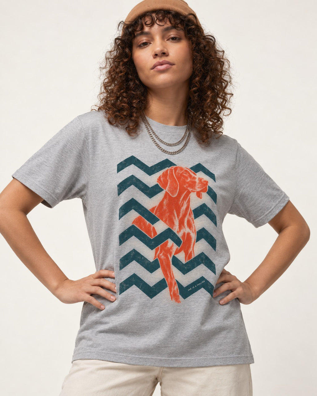 German Shorthaired Pointer Far Is a Feeling Chevron Graphic T-Shirt in Sport Grey, worn by a model
