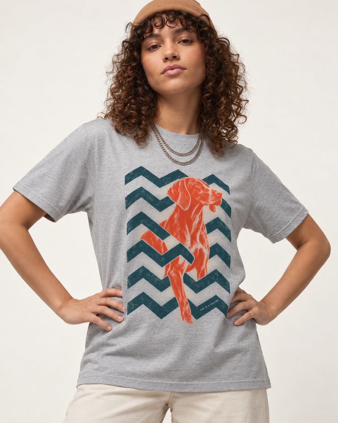 German Shorthaired Pointer Far Is a Feeling Chevron Graphic T-Shirt in Sport Grey, worn by a model