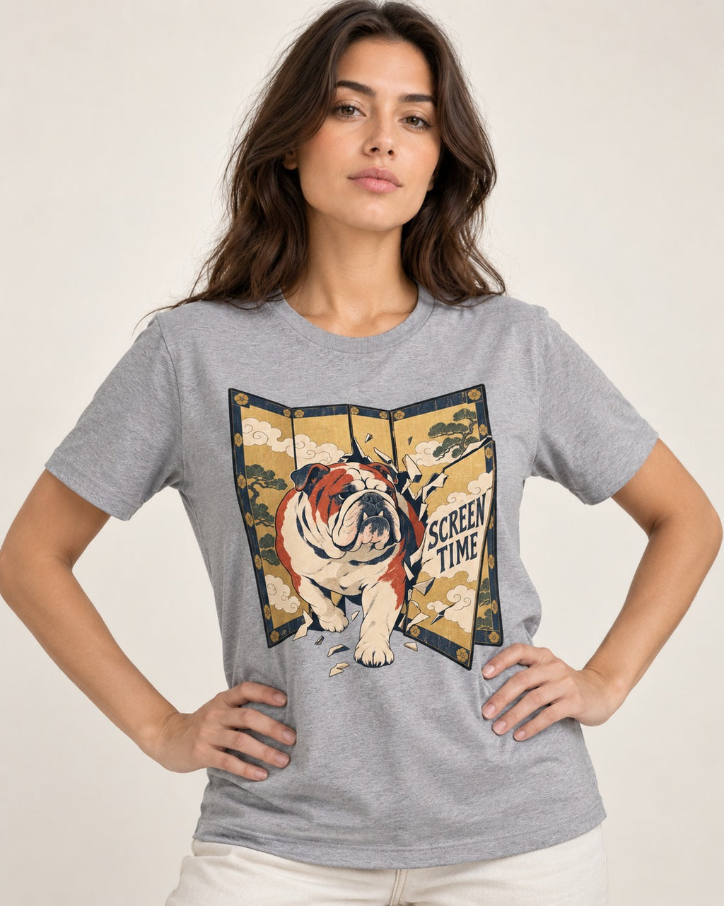 English Bulldog Screen Time T-Shirt in Sport Grey, worn by a model