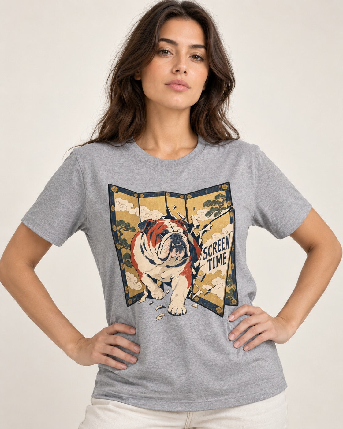 English Bulldog Screen Time T-Shirt in Sport Grey, worn by a model