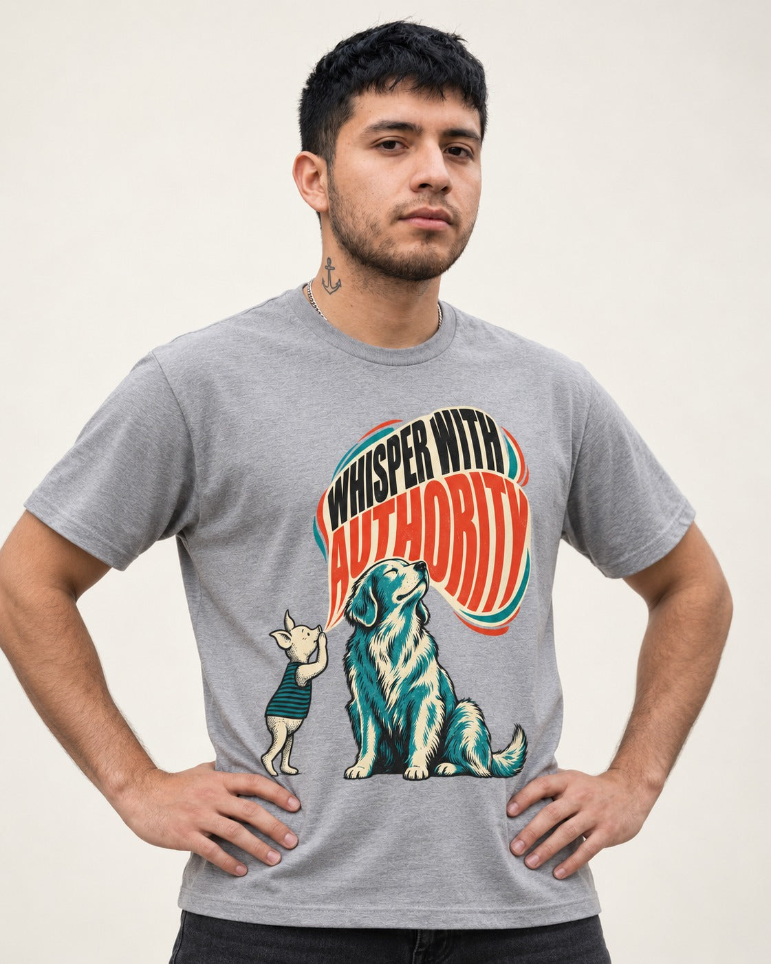 Golden Retriever Whisper with Authority T-Shirt in Sport Grey, worn by a model