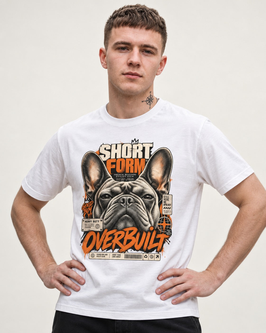 Frenchie Short Form Overbuilt Utility Club Poster Graphic T-Shirt in White, worn by a model