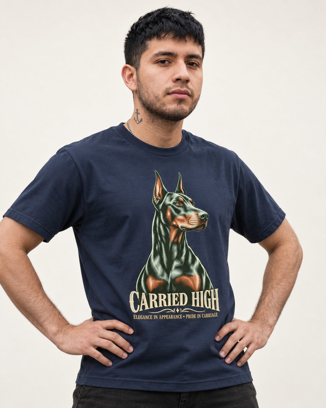 Doberman Carried High Portrait Graphic T-Shirt in Navy, worn by a model