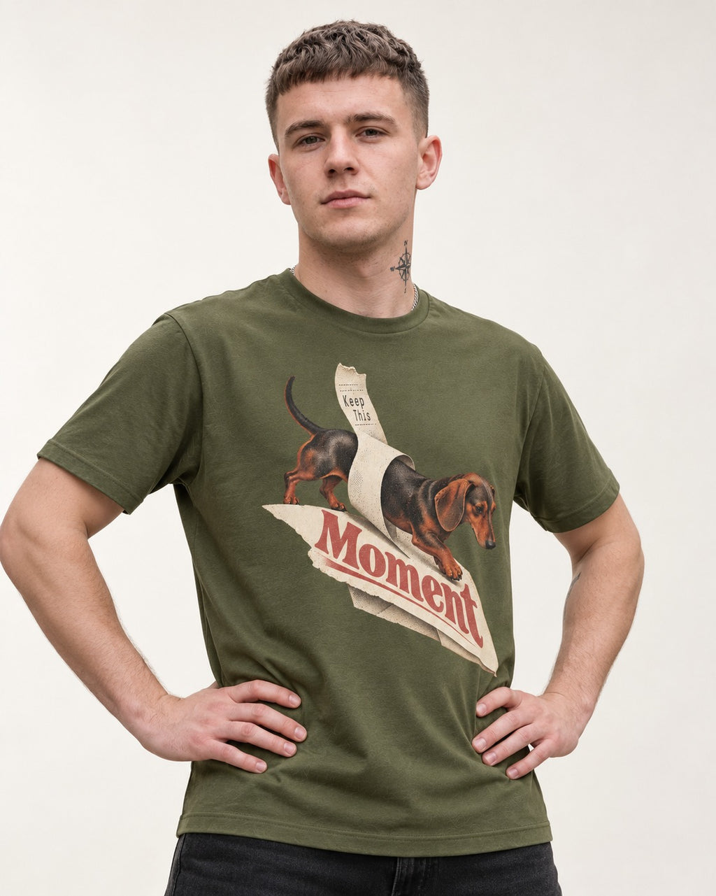 Dachshund Keep This Moment Receipt Graphic T-Shirt in Heather Military Green, worn by a model