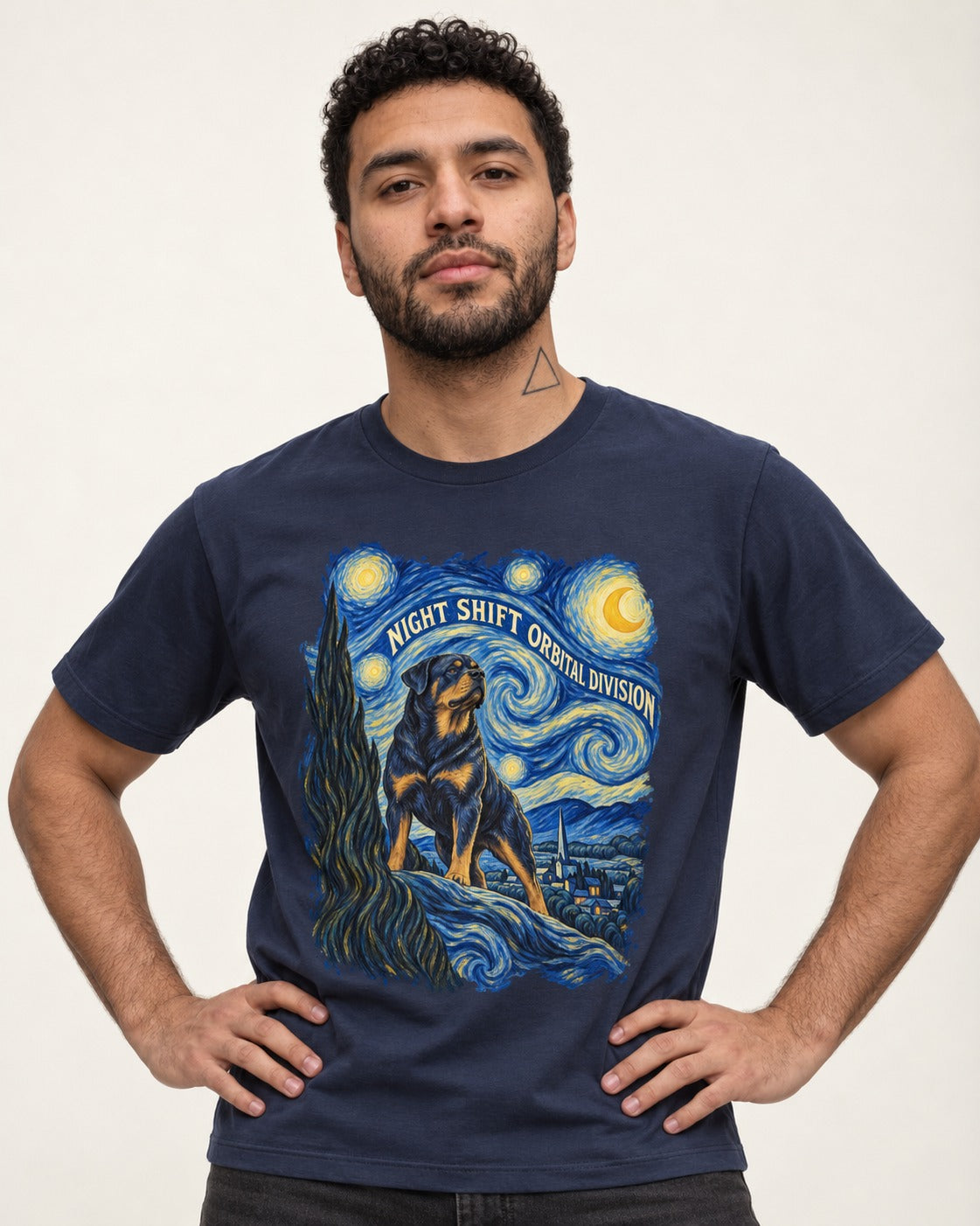 Rottweiler Night Shift Orbital Division Starry Night Graphic T-Shirt in Navy, worn by a model