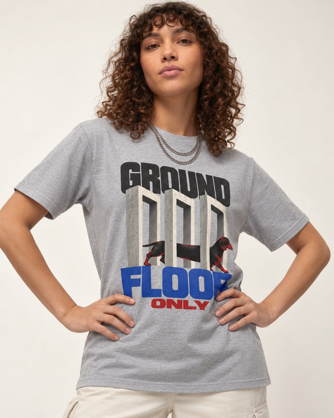 Ground Floor Only Dachshund T-Shirt in Sport Grey, worn by a model
