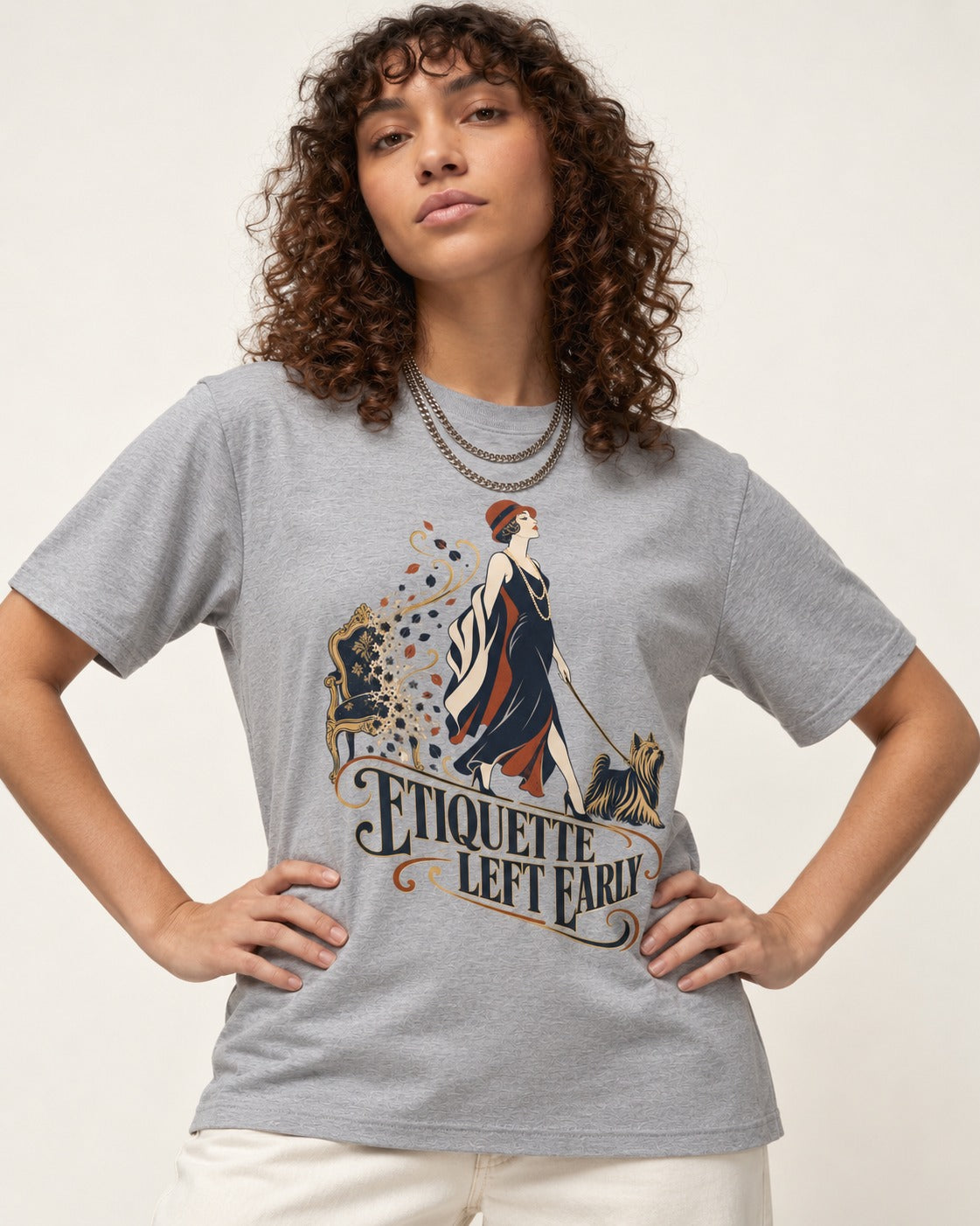 Yorkshire Terrier Etiquette Left Early T-Shirt in Sport Grey, worn by a model