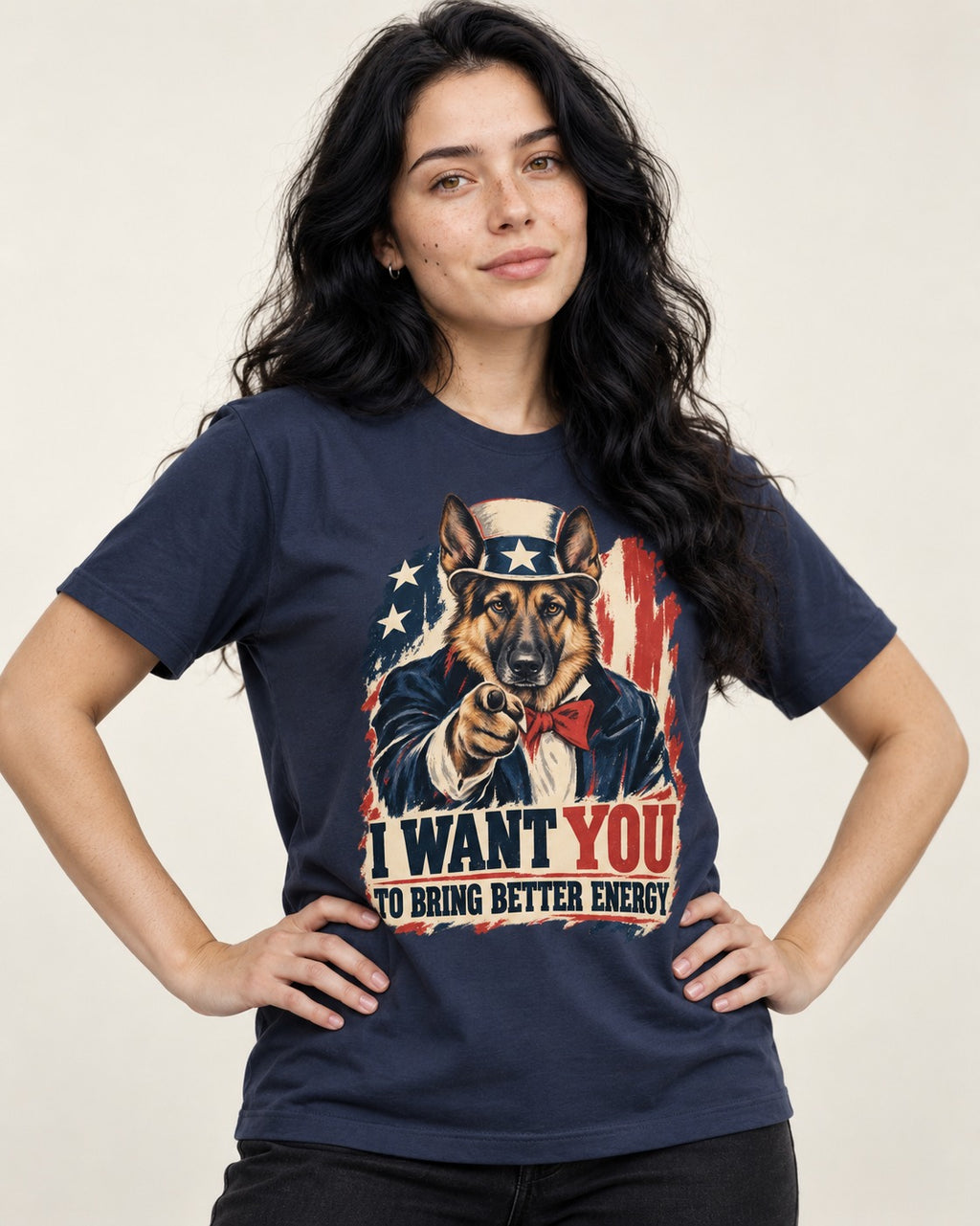 German Shepherd Dog I Want You to Bring Better Energy Poster T-Shirt in Navy, worn by a model