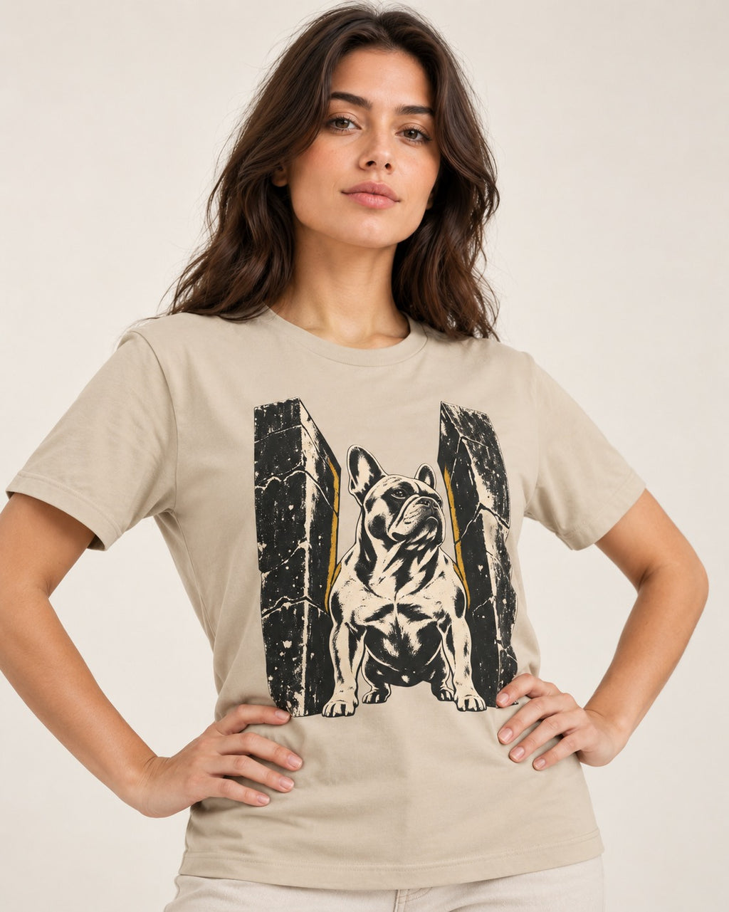 Frenchie Unbreakable T-Shirt in Sand, worn by a model
